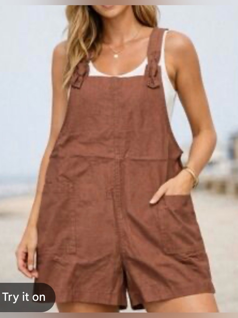 NWOT Zenana Casual Brown Linen Romper Overall